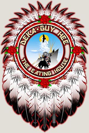 Native American-inspired emblem with feathers and text "Shoshone Rose Casino and Hotel dining".