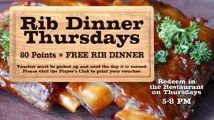 Promotional advertisement for "rib dinner thursdays," offering a free rib dinner for earning 80 points, with conditions and redemption times specified.