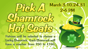 St. patrick's day themed promotional event with times and potential prize amounts.
