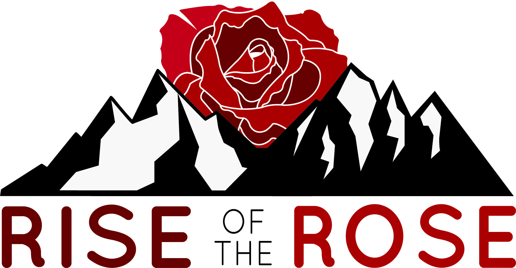 A red and black graphic depicting mountains with a rose superimposed above, accompanied by the text "Rise of the Shoshone Rose Casino and Hotel.