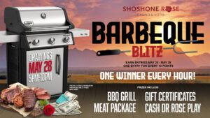 Promotional graphic for the "barbeque blitz" event at shoshone rose with a grand prize of a bbq grill and other rewards, scheduled for may 28 from 5 pm to 10 pm.
