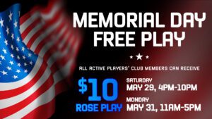Promotional banner for a memorial day free play event at rose play, offering $10 for club members at specified dates and times.