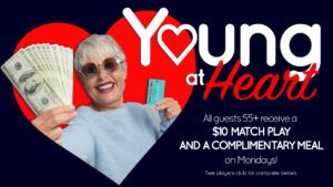 A smiling older woman holding money and a card, with text promoting a casino deal for individuals 55+ on mondays.