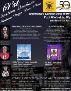 Flyer for the 61st eastern shoshone indian days & powwow featuring event details, safety measures, and guest performers.