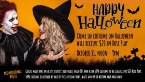 Celebratory halloween event advertisement featuring two people in costume with event details and promotion rules.