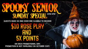 Promotional event advertisement featuring a person in witch costume holding a pumpkin, offering special deals for seniors on a spooky-themed special.