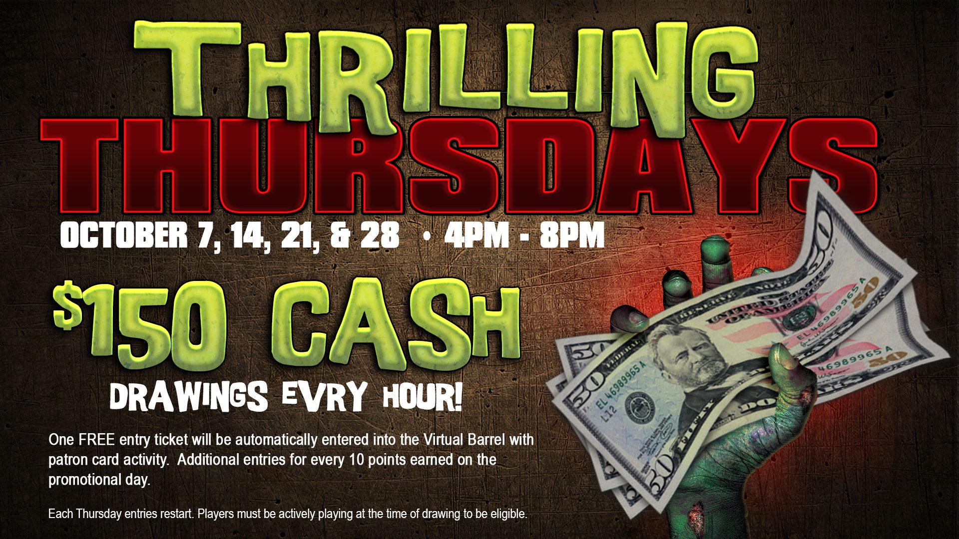 Promotional banner for "thrilling thursdays" event featuring cash drawings every hour.