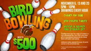 Turkey-themed bowling event poster with prizes and hourly drawings for frozen turkeys.