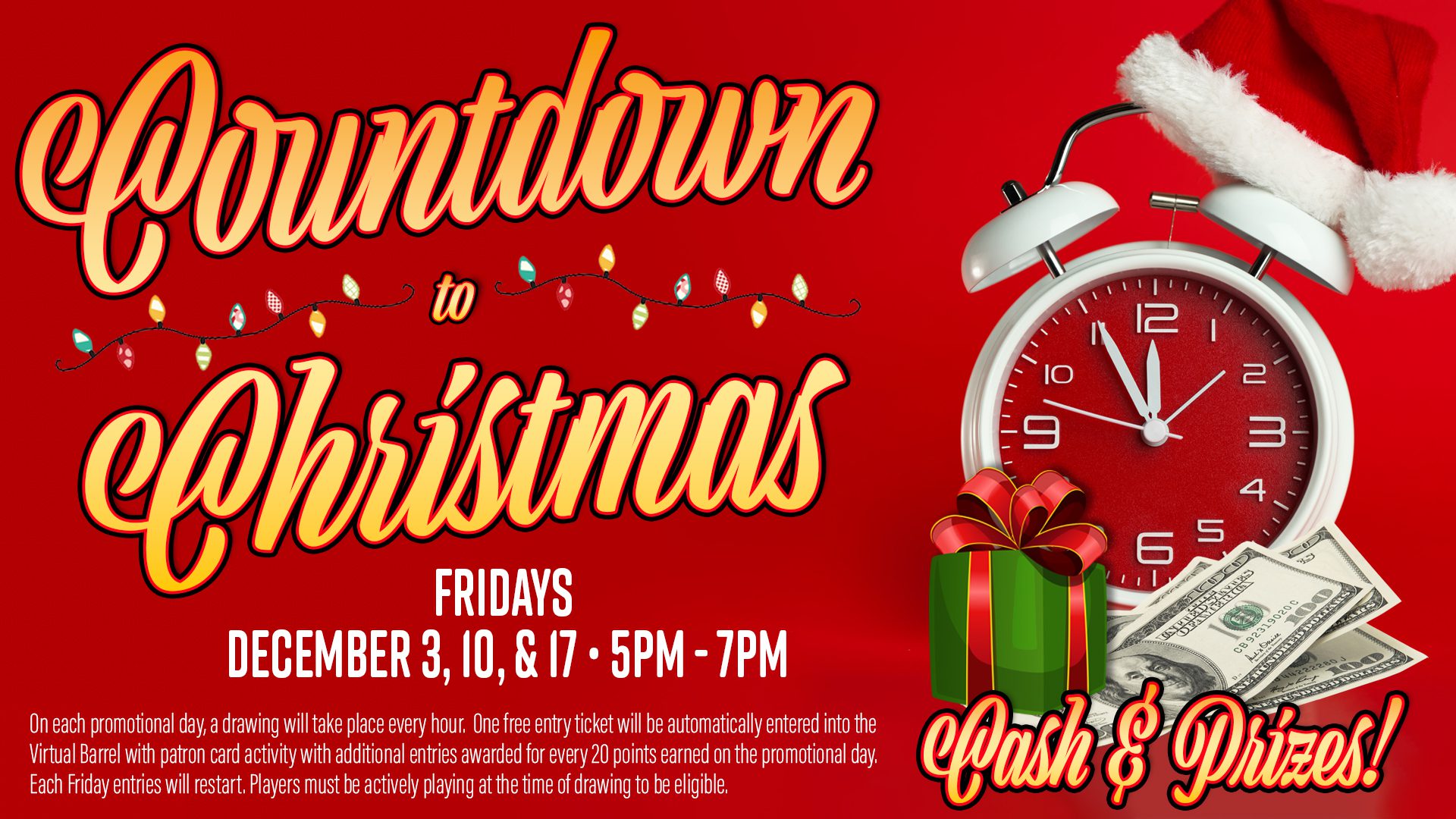 Festive advertisement for a "countdown to christmas" event featuring cash and prizes on fridays with specific dates and times listed, alongside a clock, cash, and christmas imagery.