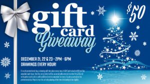 Promotional banner for a $50 gift card giveaway event happening december 21, 22, and 23 from 2-6 pm, with hourly drawings.