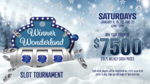 Promotional poster for "winner wonderland slot tournament" with dates and prize information.