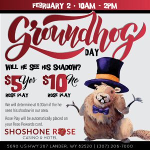 Promotional flyer for a groundhog day event featuring a stylized groundhog, with details of betting odds, location, and contact information.