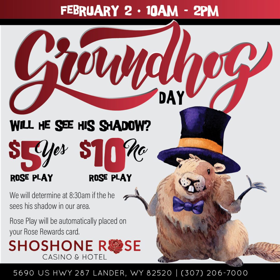 Promotional flyer for a groundhog day event featuring a stylized groundhog, with details of betting odds, location, and contact information.