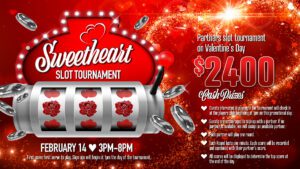 Valentine's slot tournament advertisement with vivid red background, floating hearts, and a slot machine displaying roses.