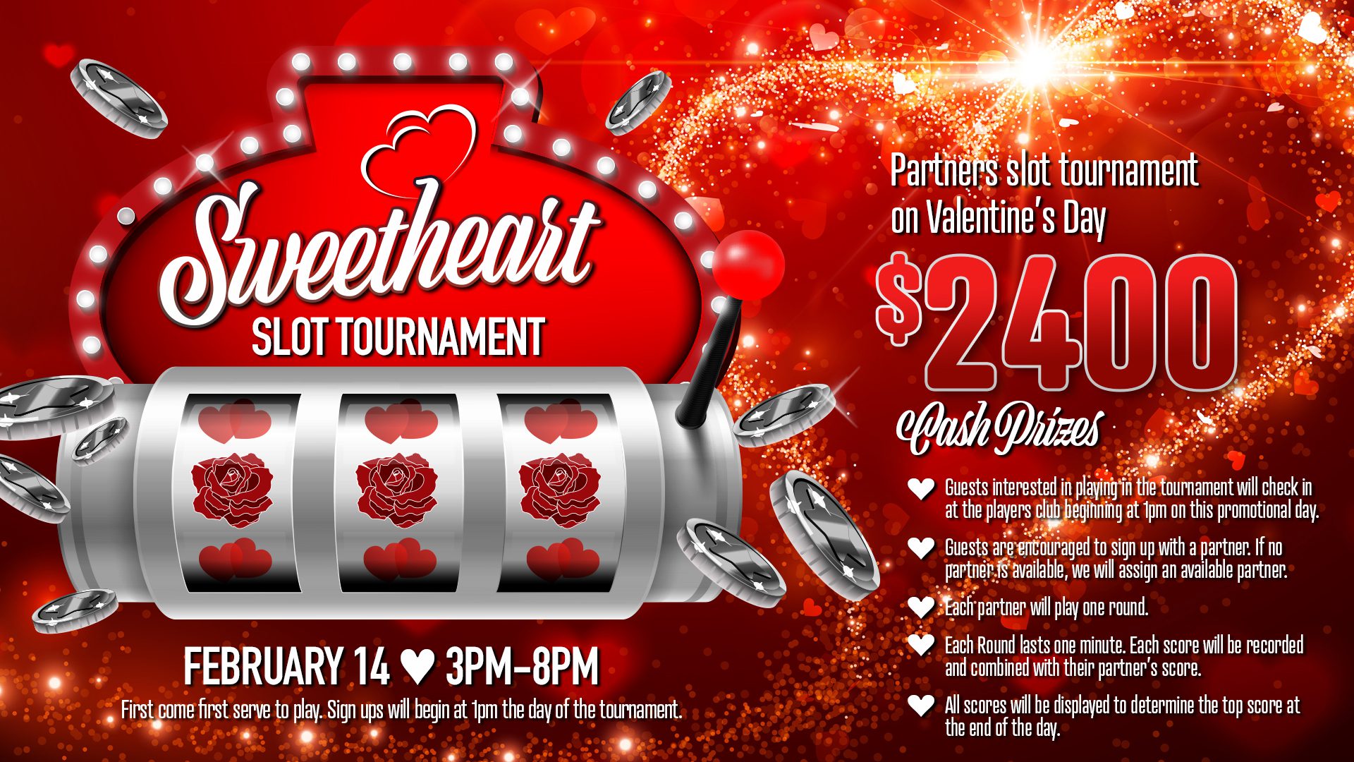 Valentine's slot tournament advertisement with vivid red background, floating hearts, and a slot machine displaying roses.