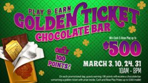 Play & earn a golden ticket chocolate bar for a chance to win cash prizes at a promotional event.
