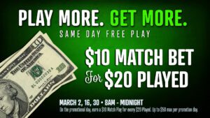 Promotional casino advertisement offering a $10 match bet for every $20 played.