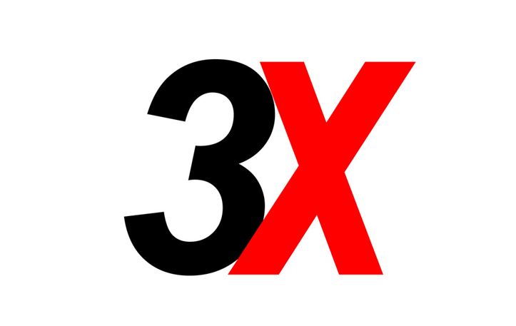 Black number 3 followed by a red letter x on a white background.
