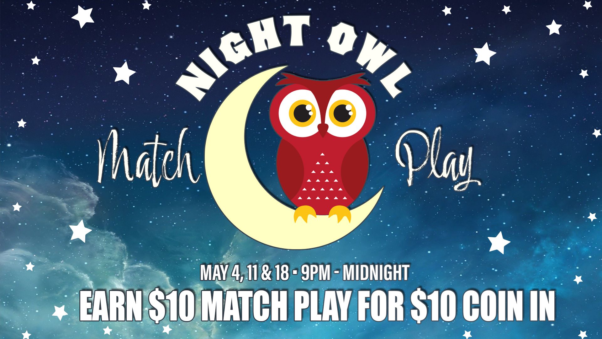 A promotional graphic for a "night owl match play" event with dates and times listed, featuring an illustration of an owl on a crescent moon against a starry sky background.
