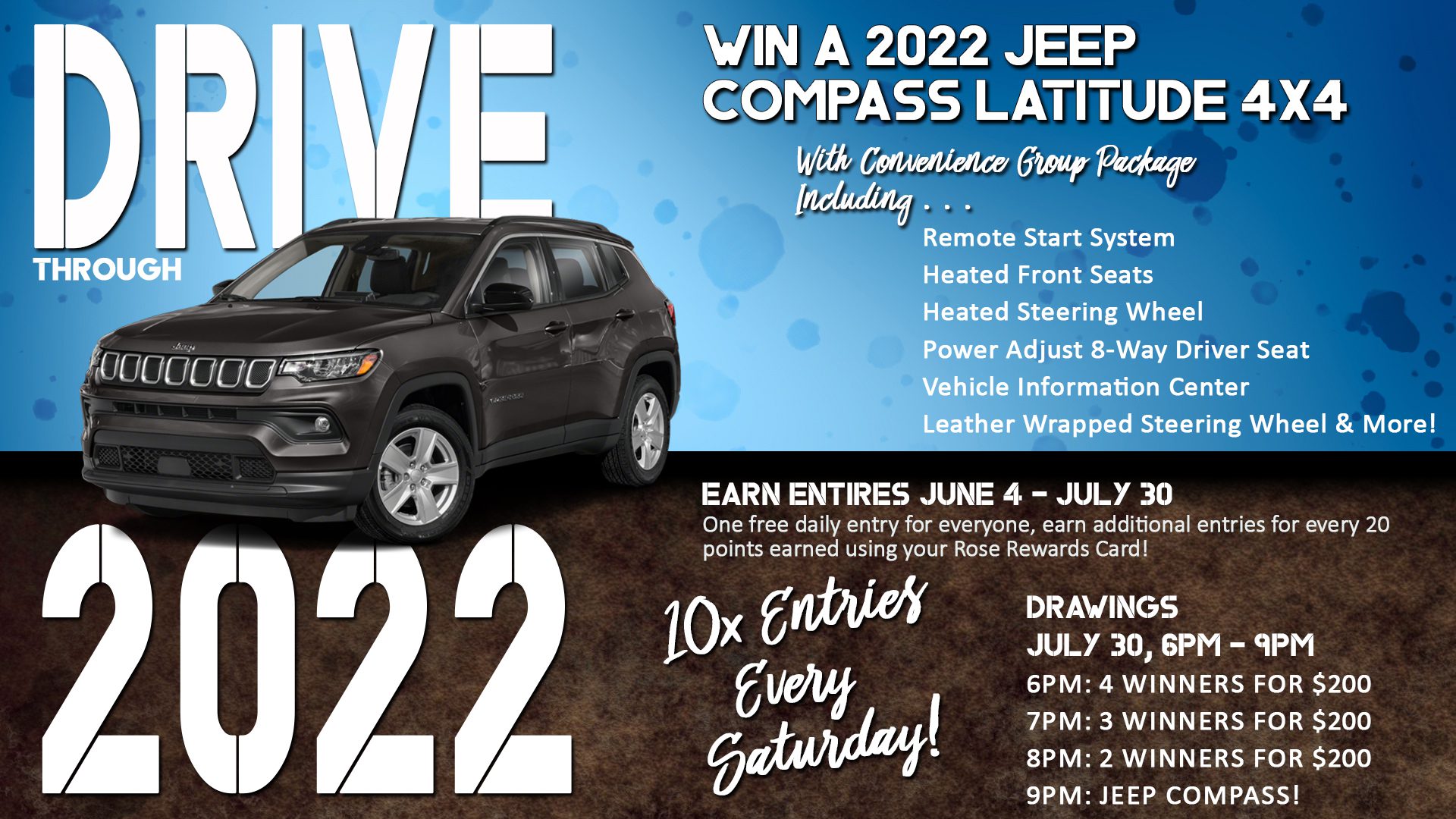 Promotional flyer for a 2022 drive-through event with a chance to win a 2022 jeep compass latitude 4x4, featuring multiple prize drawings and entry details.
