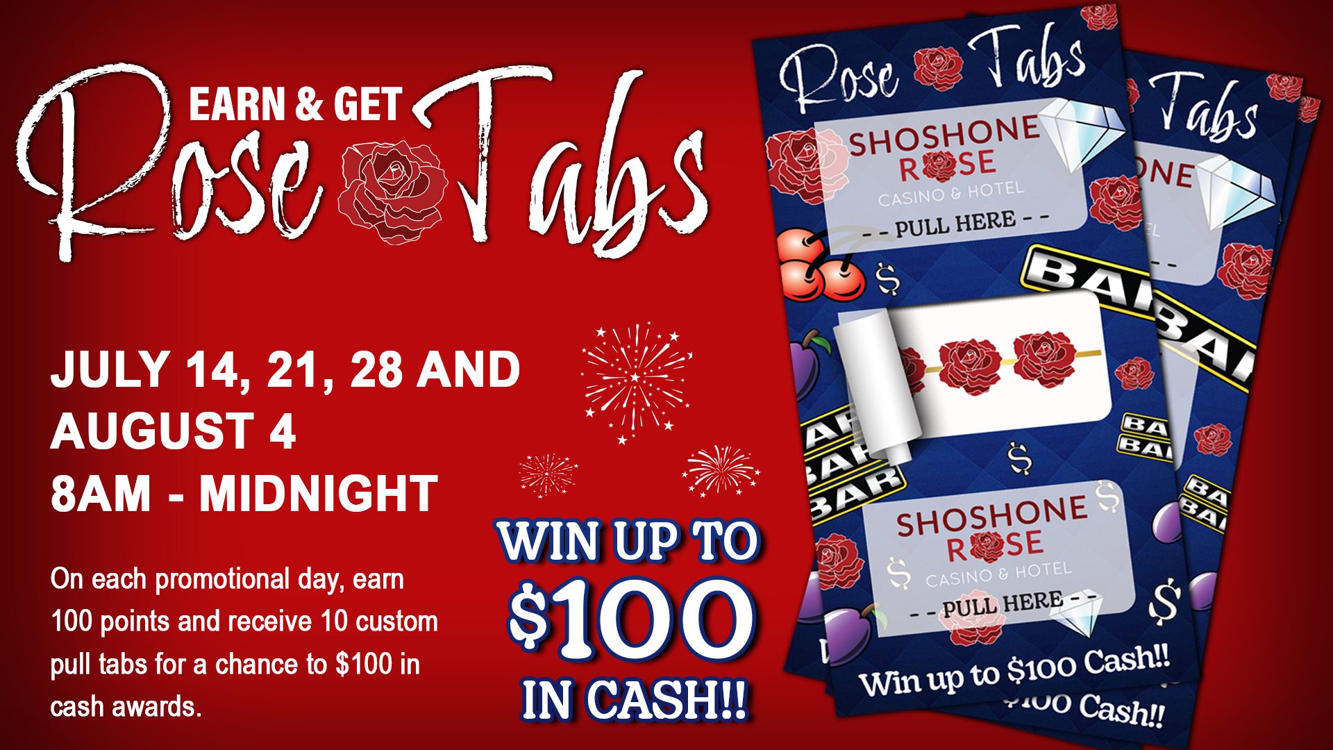 Promotional poster for "rose tabs" casino event with dates, prizes, and conditions detailed.