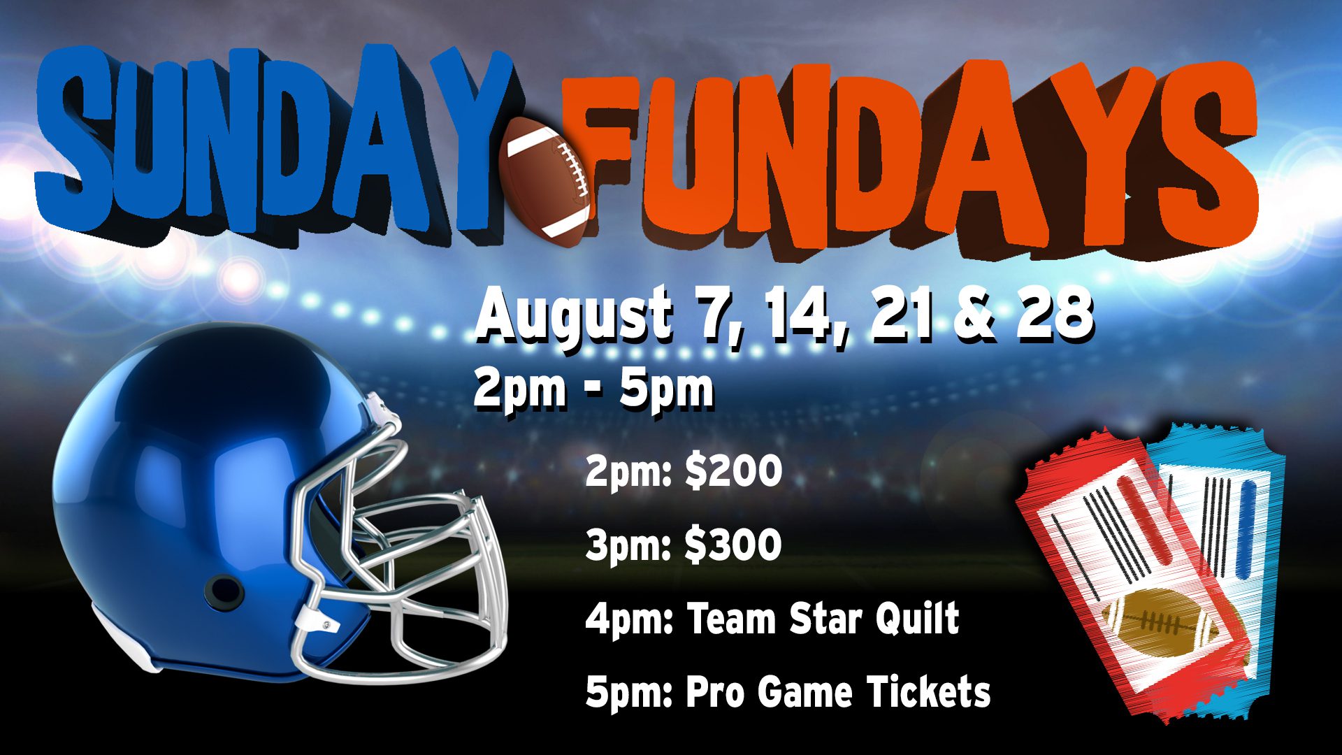 Promotional image for "sunday fundays" featuring football-themed events and prizes with schedule and costs.
