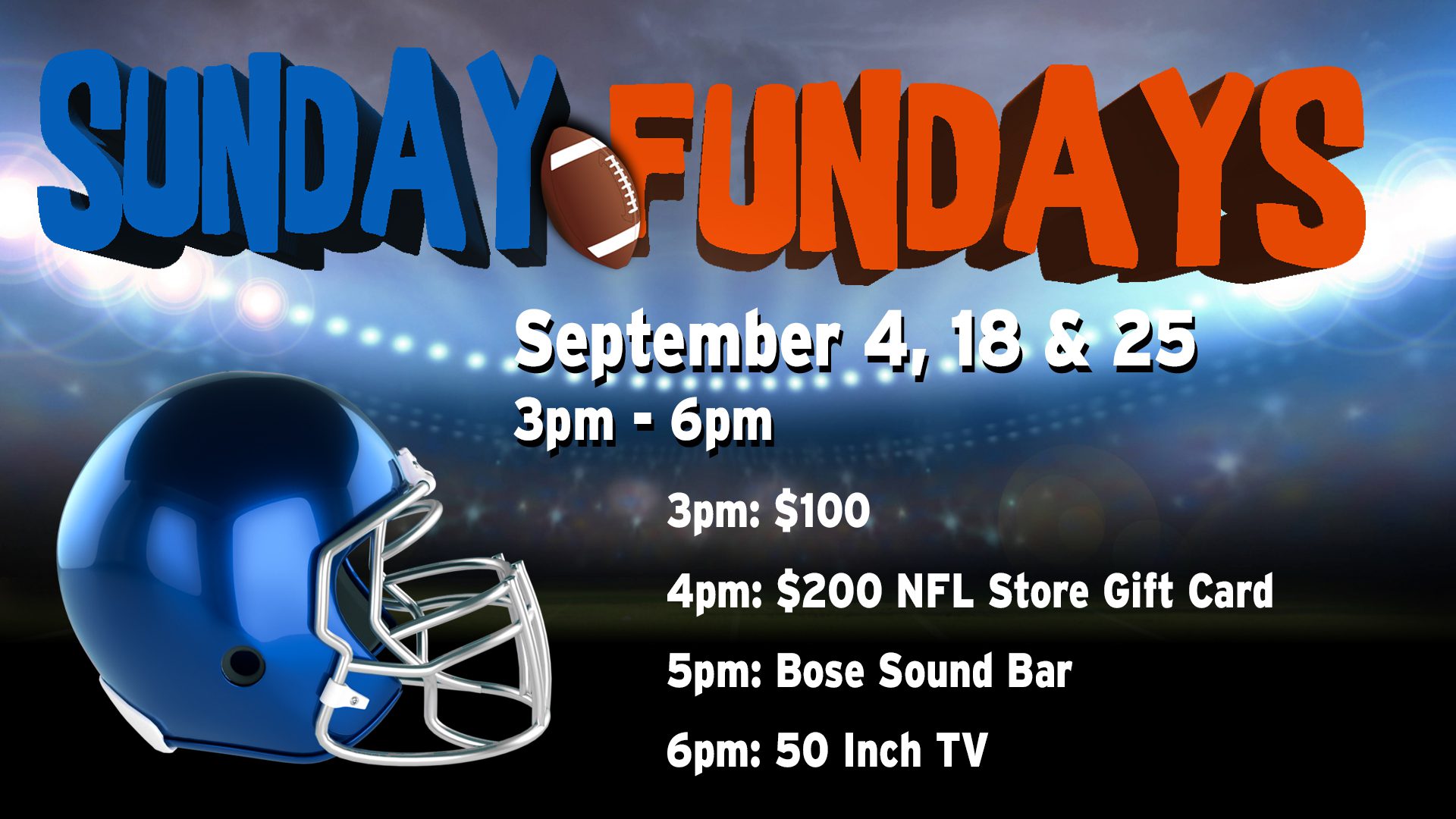 Promotional graphic for "sunday fundays" event featuring football-themed prizes on select september dates.