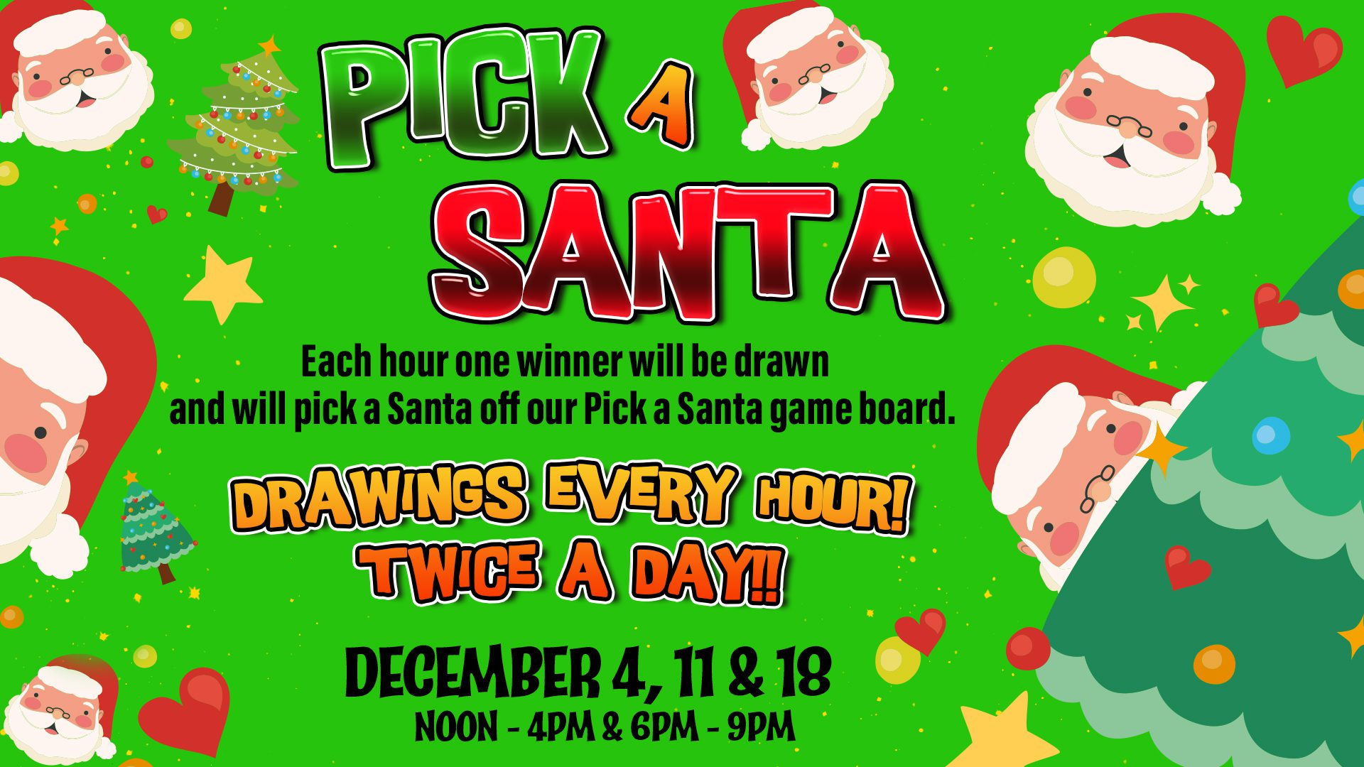 A poster with santa and two elves.