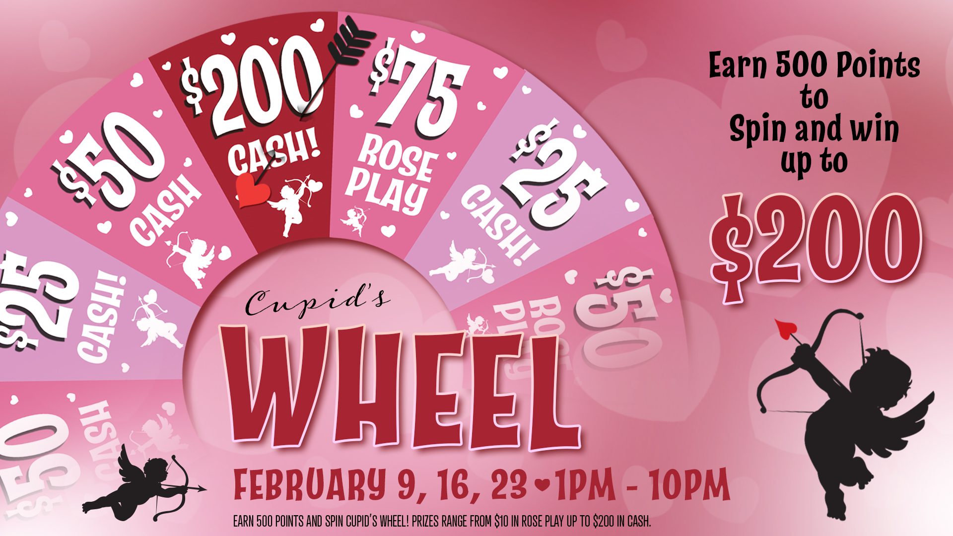 A pink and red poster with a wheel of fortune.
