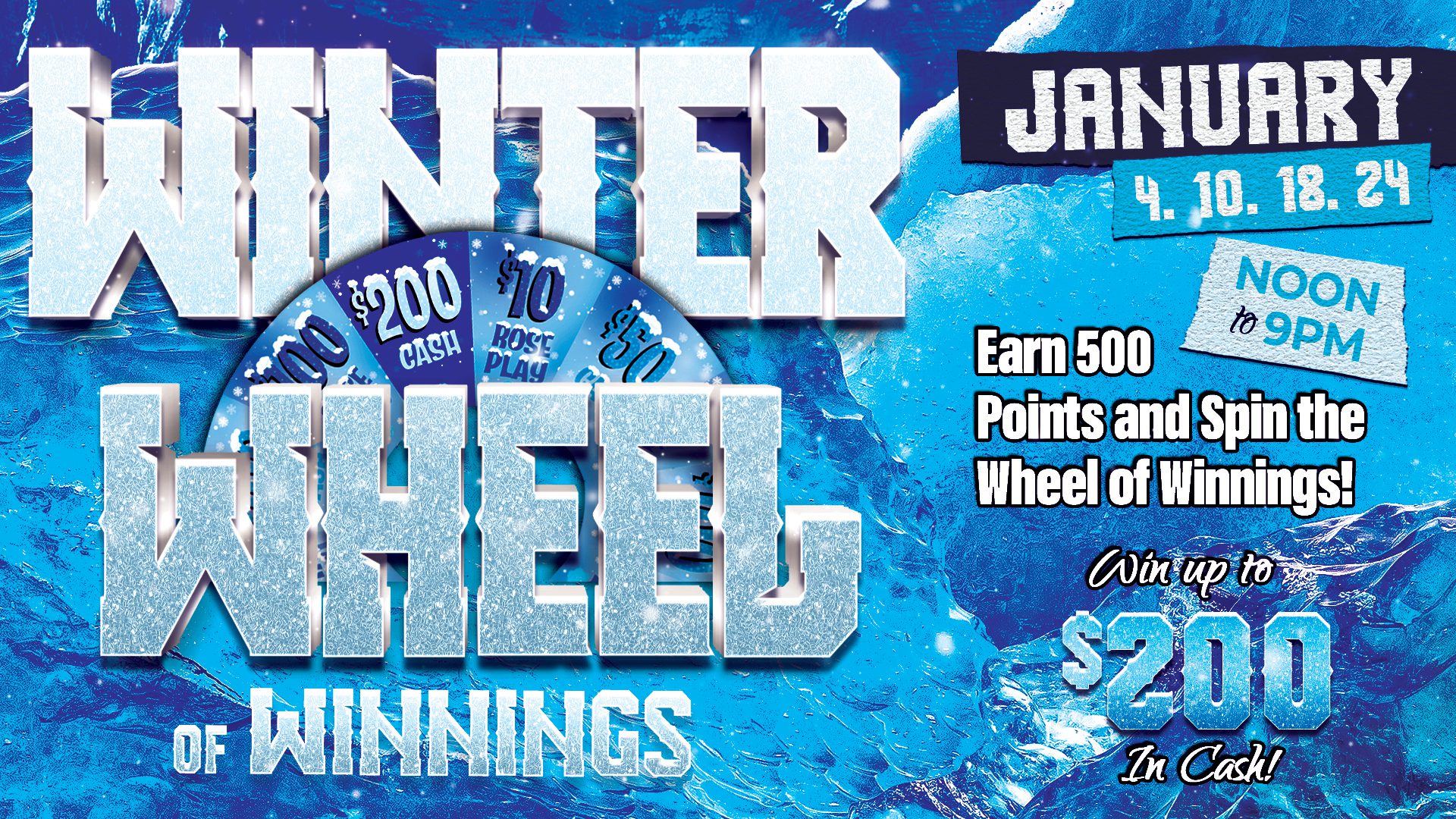 A blue banner with the words winter wheel of winnings.