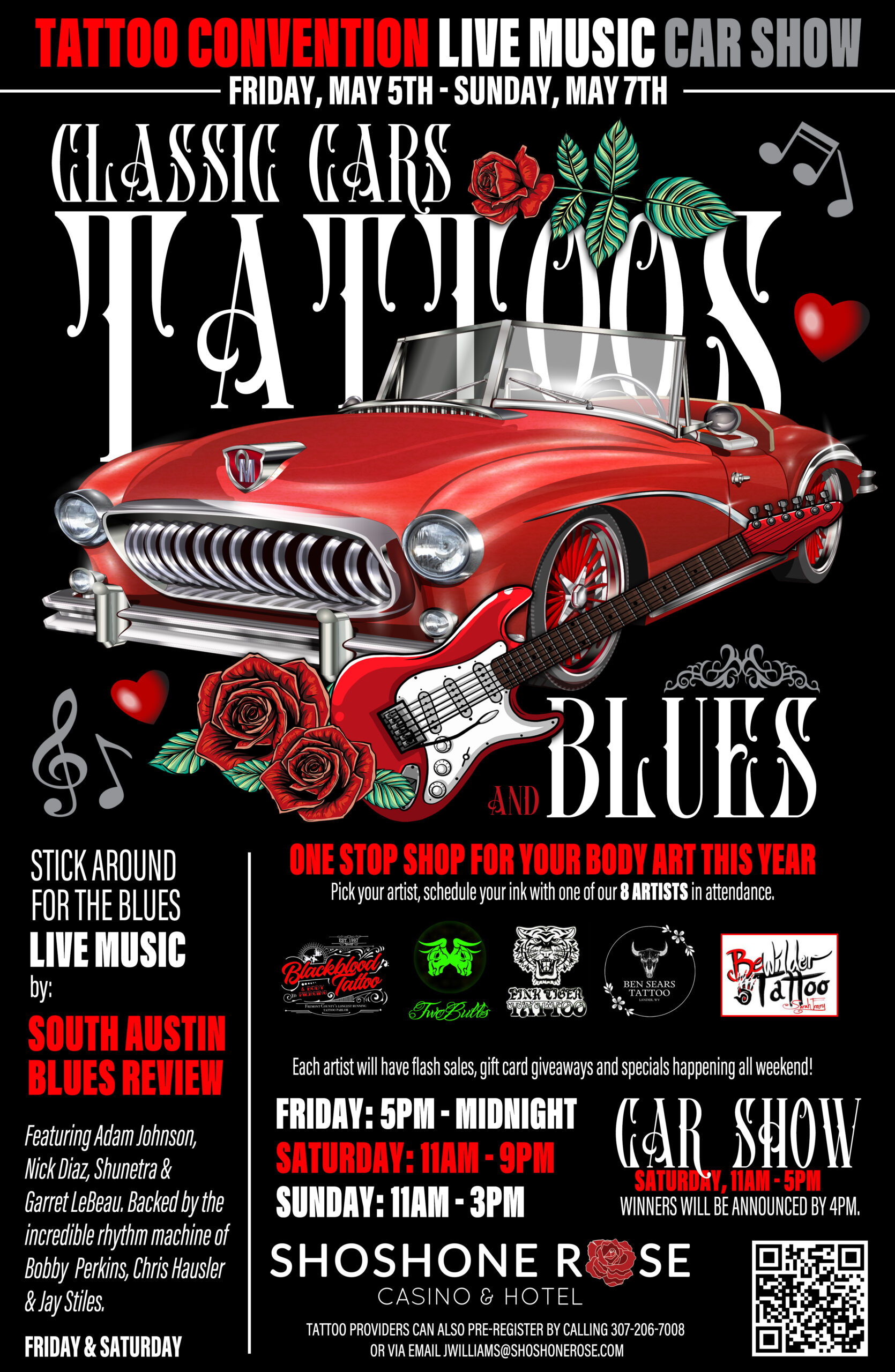 A poster of a red car with the words " tattoos and blues " written on it.