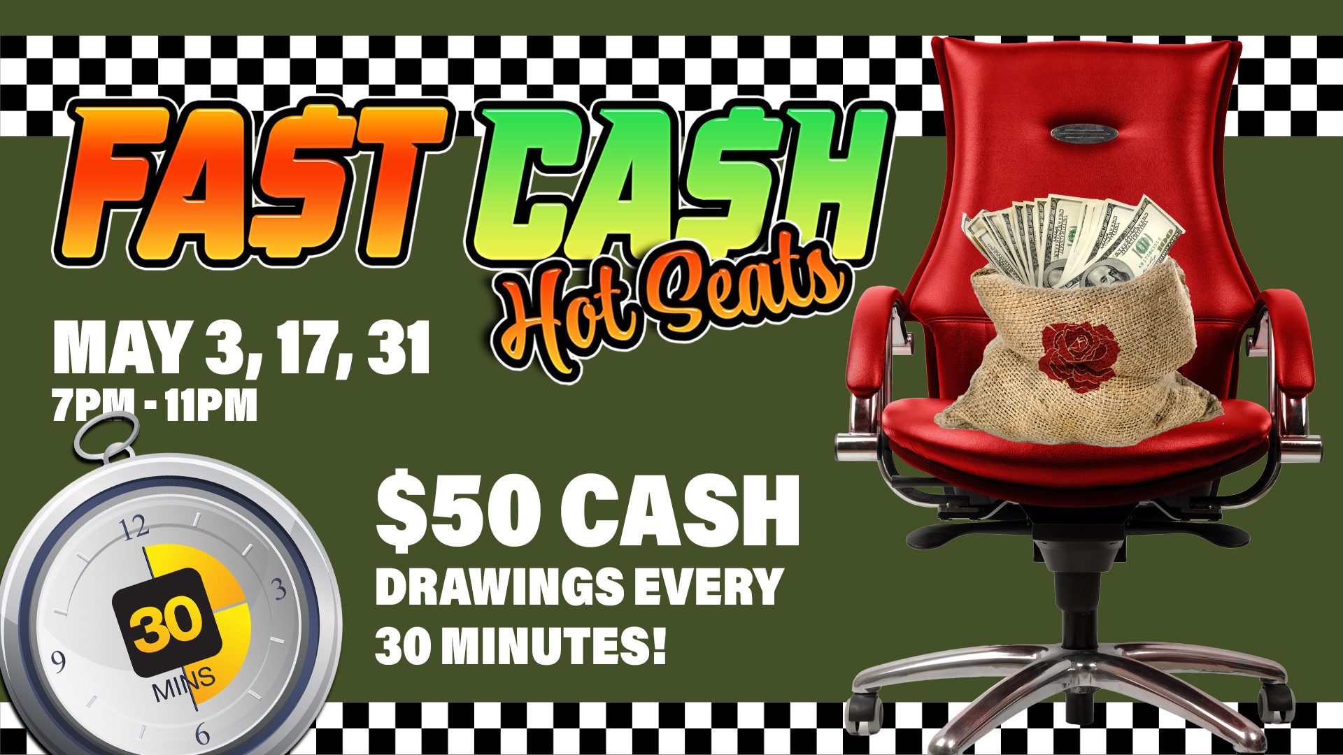 A red chair with money on it and the words " fast cash hot seats ".