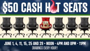 A poster with chairs and an advertisement for the cash hot seat.