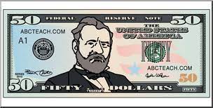 A picture of the face of president ulysses s. Grant on a fifty dollar bill