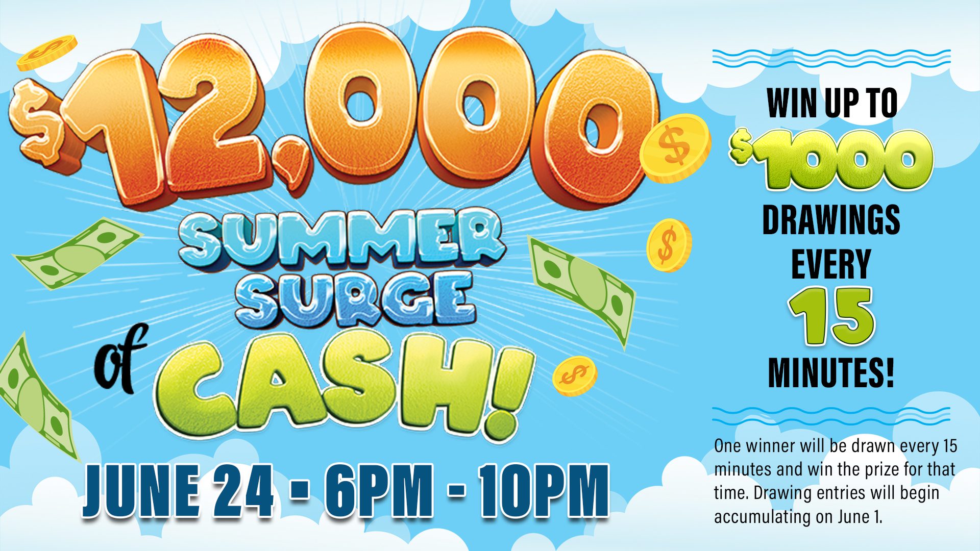 A banner with the words " 2, 0 0 0 summer surge cash !" on it.