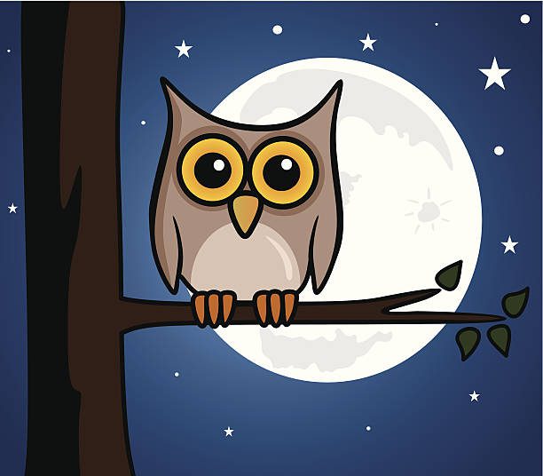 A cartoon owl sitting on top of a tree branch.