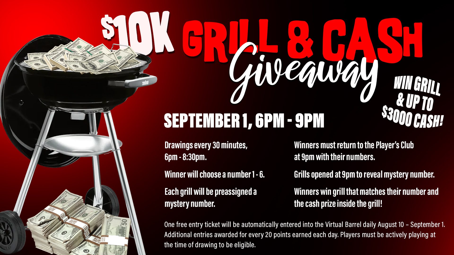 A grill and cash giveaway is coming up on september 1 st.