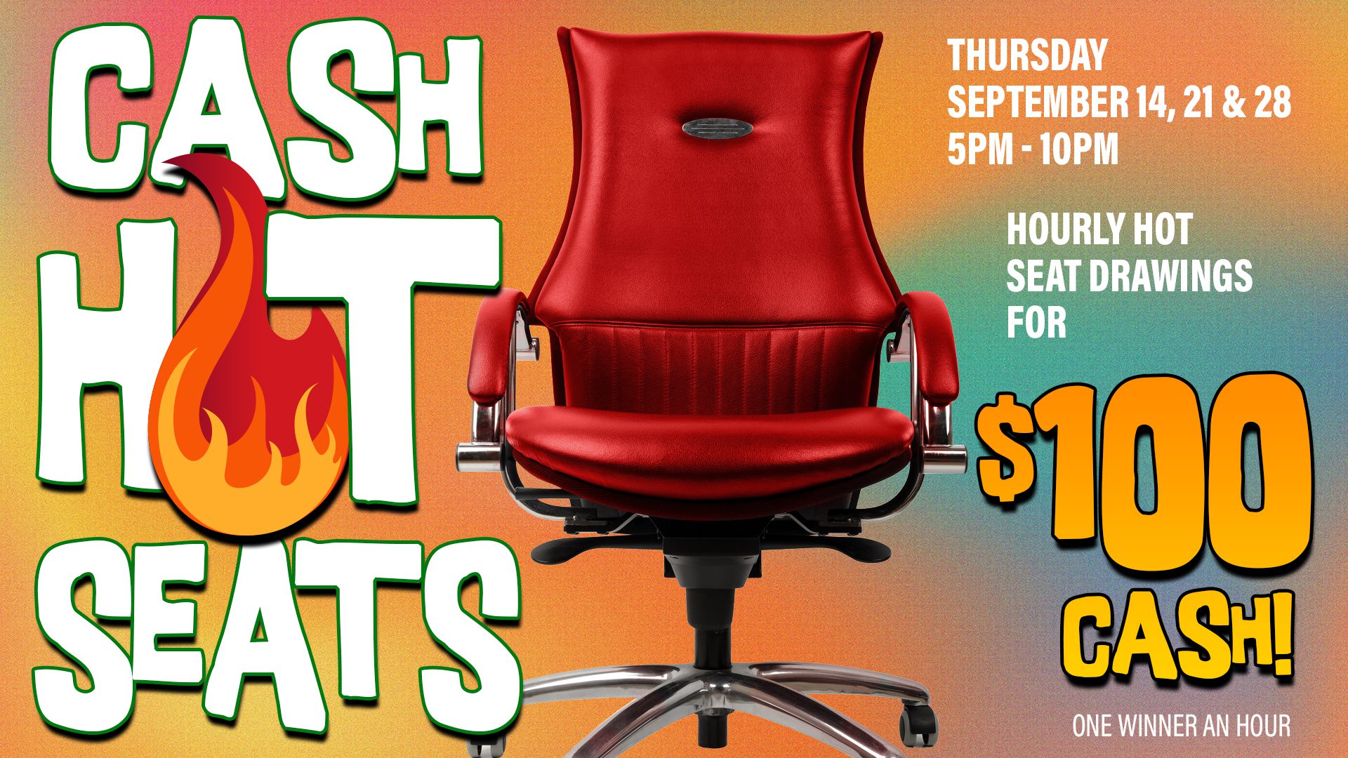 A red chair with flames on it and the words " rush seat seats ".