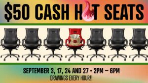 A poster with chairs and an advertisement for the cash hot seat.