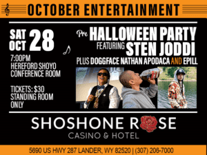 A poster for the halloween party featuring sten jodd and others.