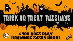 A halloween themed poster with the words trick or treat tuesday.