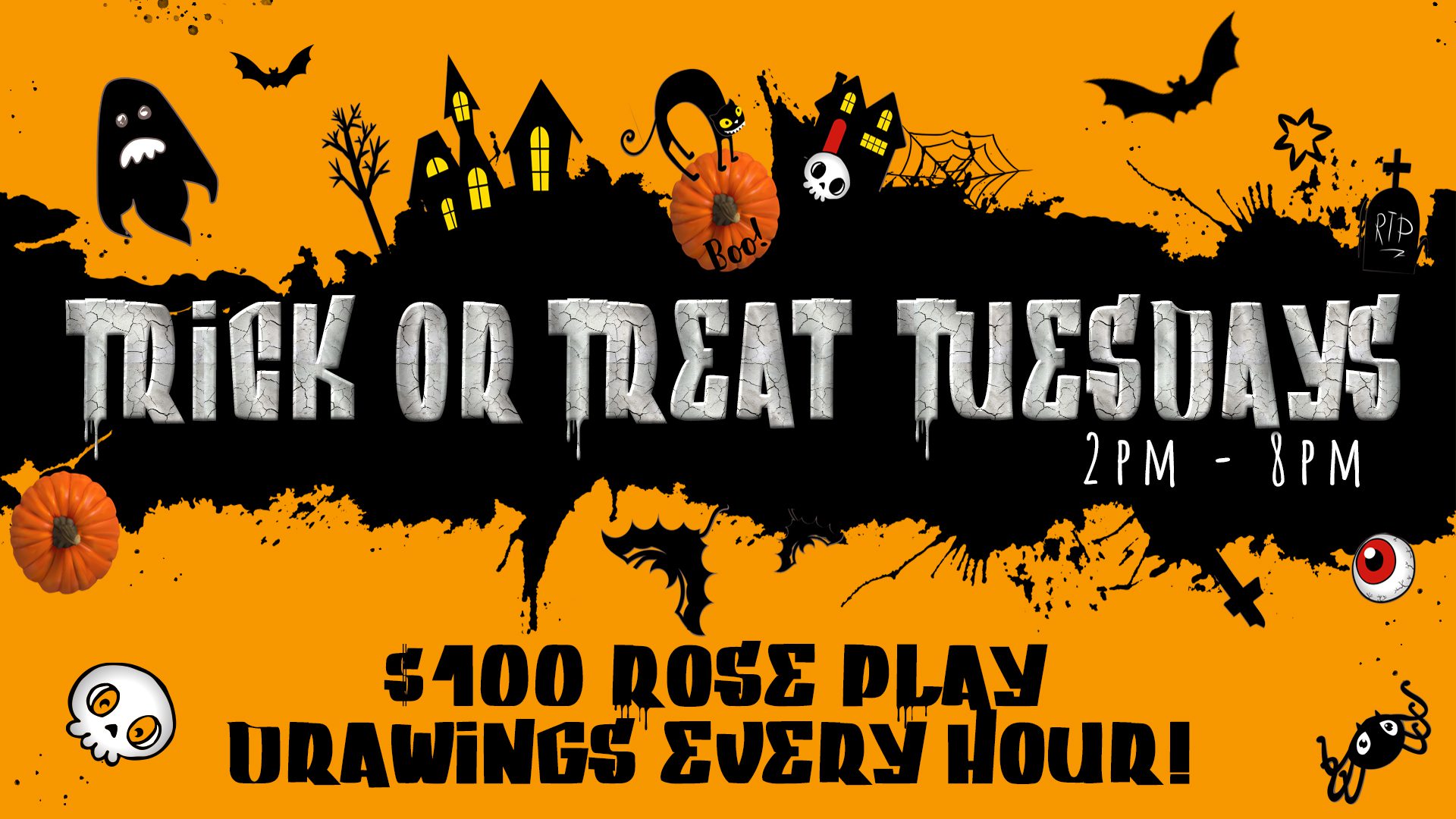A halloween themed poster with the words trick or treat tuesday.