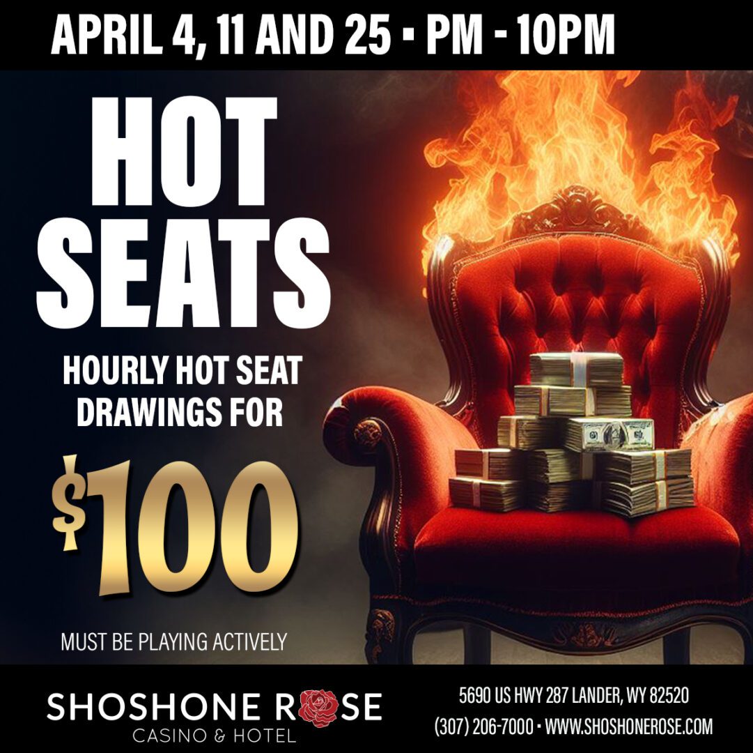 A red chair with flames on it and the words " hot seats, hourly hot seat drawings for $ 1 0 0 ".