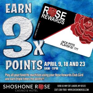 A poster advertising three points for the rose rewards club.